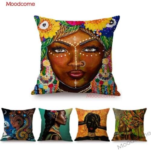 Colorful Fashion African Woman Comics Oil Painting Art Sofa Decorative Cushion Cover Black Africa Art Fantasy Girl Pillow Cover
