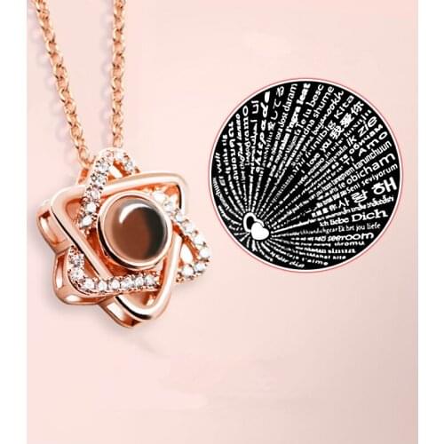 Stainless Steel Star Of David Charm Necklace Women Jewish Jewelry Rose Gold 100 Language i Love You Projection Necklaces Pendant