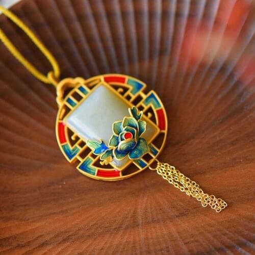 Chinese Ethnic Style Necklace Female Vintage Handmade Enamel Ancient Gold Khotan Jade Necklace For Women Tassel Pendant Jewelry