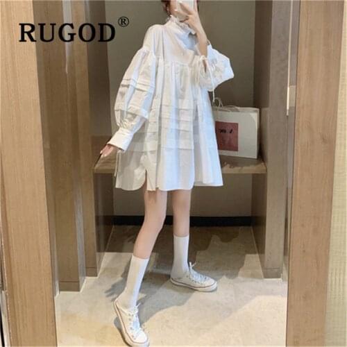 RUGOD Korean Lantern Sleeve White Dress Women Elegant Ruffles Stand Collar Loose OL Dress Fashion Auturm Harajuku Female Dress