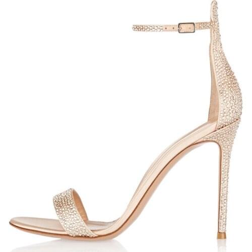Sexy Sandals Women 2020 New High Heel Shoes Ankle Buckle Fashion Party Shoes Female Genuine Leather Shoes Crystal Open Toe Gold