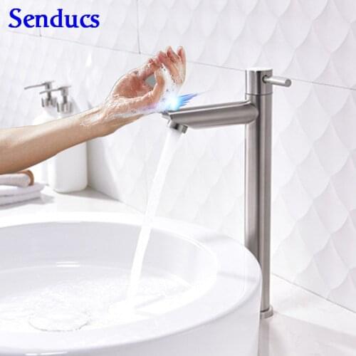 Touch Basin Mixer Tap Senducs Top Bathroom Basin Faucet Quality SUS304 Stainless Steel Basin Sink Faucet Touch Bathroom Faucet