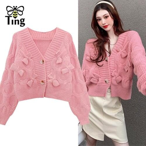 Tingfly Casual Fashion Knitted Loose Ulzzang Sweaters Autumn Winter Bow Decor Button Up Pink Black Cardigans Short Tops Traf
