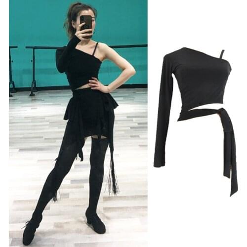 New Latin Dance Tops Adults Black Sexy Oblique Shoulder Cha Cha Salsa Rumba Samba Dancing Costume Women Practice Dress DNV13845