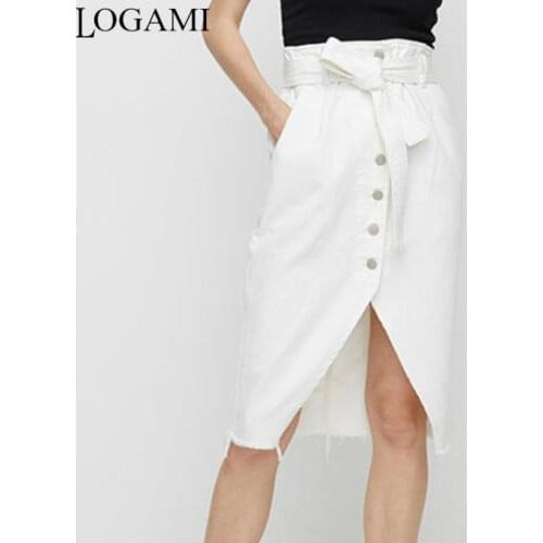 LOGAMI White High Waist Irregular Split Knee Length Denim Skirts Womens Summer Autumn Midi Pencil Skirt OL Skirt With Sashes