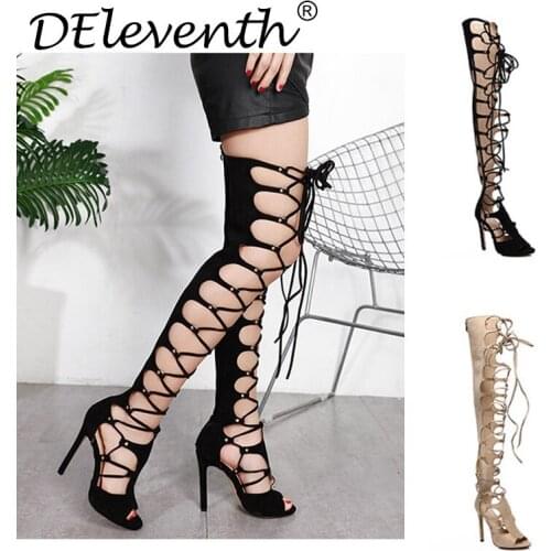 2020 New Catwalk Fine Heel Hollow Over Knee Women Shoes High-heeled High-heeled Sandals Sexy Spring Summer New Tenis Feminino