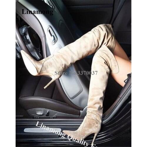 Women Sexy Pointed Toe Suede Leather Over Knee Stiletto Heel Gladiator Boots Slim Style Long High Heel Boots Evening Dress Shoes