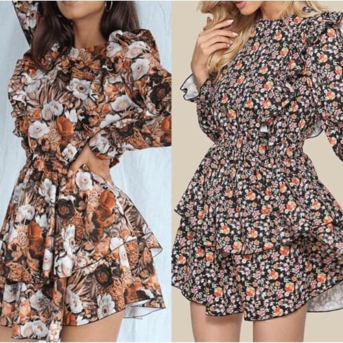 Women Spring Autumn Flower Print A-Line Dresses Robe Femme Patchwork Ruffles Long Sleeve Slim Dress For Woman Vestido De Mujer