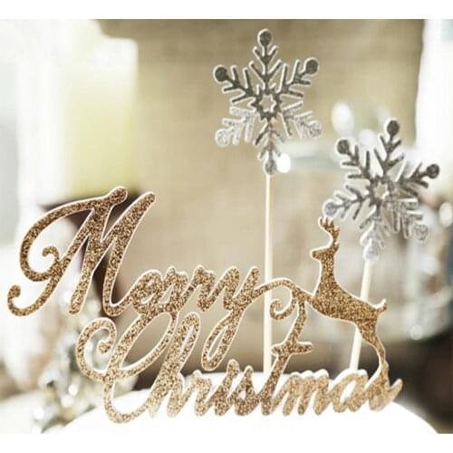 10pcs/bag 3 Designs Merry Christmas Cake Toppers Rose Gold Deer Snowflake Party Xmas Decoration for Home Party Supplies