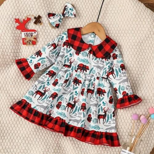 PatPat 2pcs Animal and Red Plaid Print Ruffle Long-sleeve Baby Dress