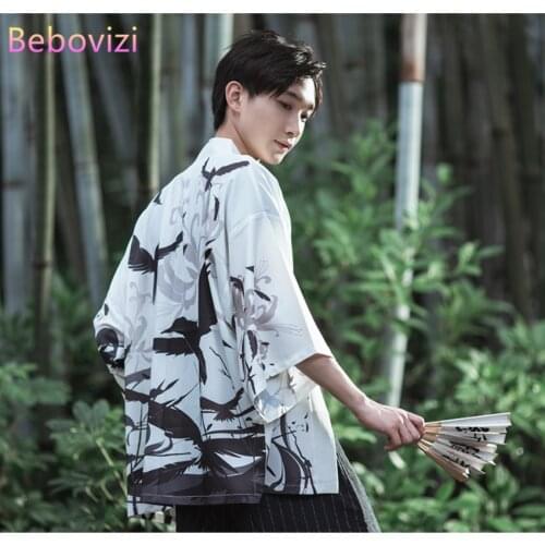 2021 New Summer Loose White Crow Print Japanese Streetwear Cardigan Women Men Harajuku Haori Kimono Cosplay Blouse Top Yukata