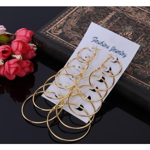 6Pairs/set Vintage Dangle Ring Big Circle Hoop Earrings Women Steampunk Ear Clip T84A