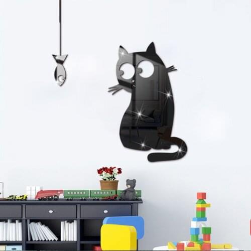 Acrylic Mirror Decal Art Cat and Fish Wall Decor Stickers Removable DIY Home Decoration Living Room Kindergarten Mural Decals