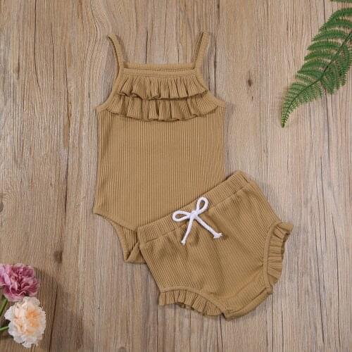 Baby Solid Color Clothes Set Girls Sleeveless Square Collar Sling Romper+Short Pants with Ruffles