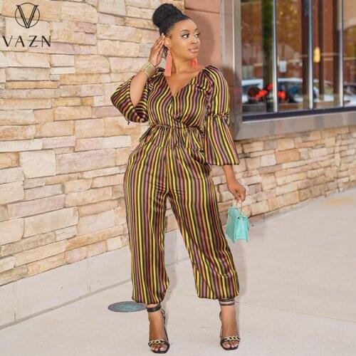 VAZN 2021 Autumn High-end Striped Vintage Sexy Mature Overalls Half Sleeve Long Wide Leg Pants Slim Women 2 Piece Set