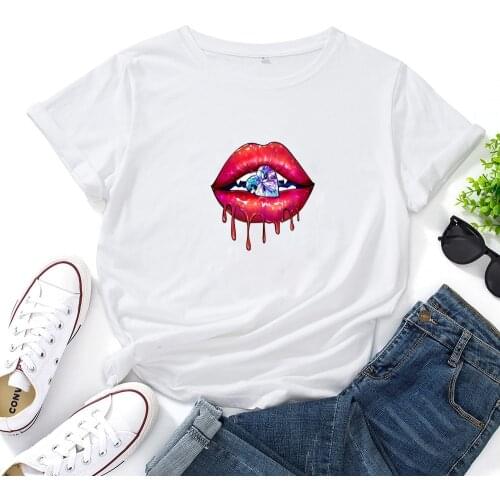 Diamond Ball Print on Lips Woman Tshirt Top Women O-neck T Shirt Top Funny Graphic Tee Women Casual T-shirts Women Clothes