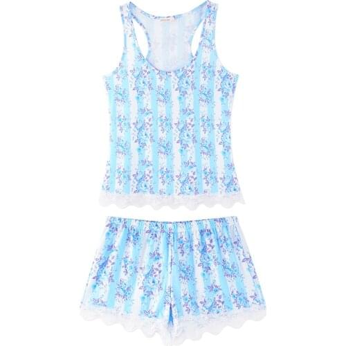 Lace Patchwork Tank Tops Shorts 2Pcs Floral Pajamas Sets for Women Sleepwear Sleeveless Casual Soft Pajama Women Suit Clothes