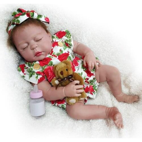 NPKDOLL Reborn Baby Doll 22 Inch Full Vinyl Body Lifelike Sleeping Girl In A Floral Dress Christmas Gifts For Girls