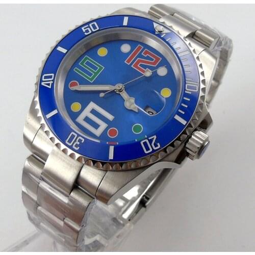 40mm blue dial colorful marks saphire glass blue Ceramic Bezel Automatic movement Mens watch