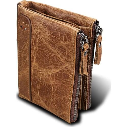 Crazy Horse Cowhide Mens Wallet RFID Anti-theft Brushed Leather Short Mens Wallet Double Zipper Coin Purse