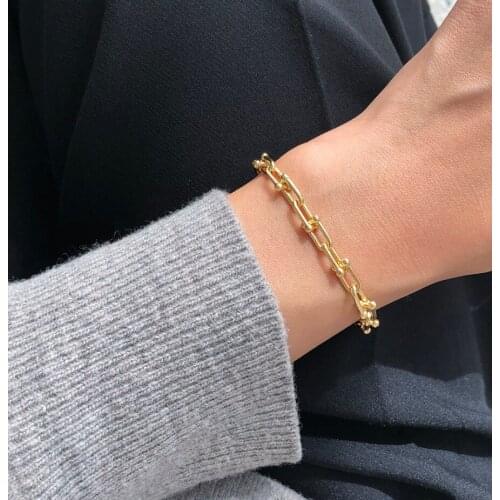 Dylam Men Women Retro Simple 18k Gold Plated Sterling Silver 925 U-shaped Chunky Chain Buckle Stitching Bracelet