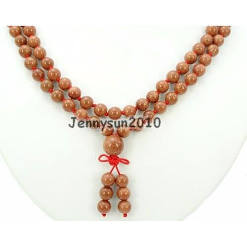 Natural Gold Sand 8mm Gems Stone Buddhist 108 Beads Prayer Mala Knot Necklace Multi-Purpose 5Strands/Pack