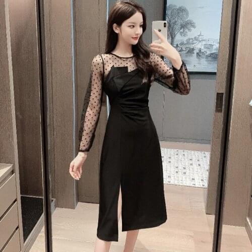 2021 spring new sexy sheer mesh split long dress ladies polka dot black dresses for women long female dress robe