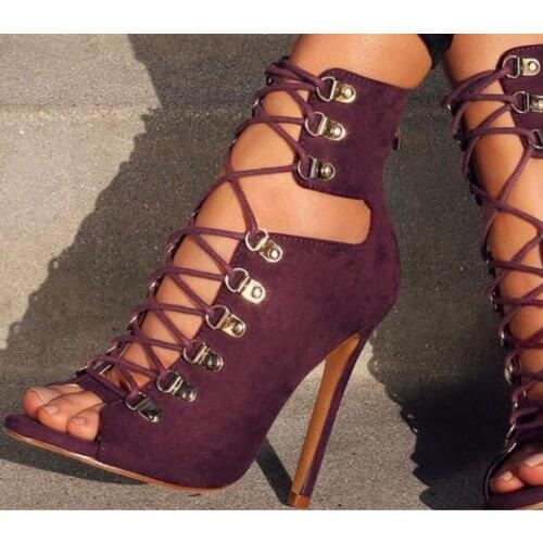 New Design Women Fashion Open Toe Lace-up Suede Leather Ankle Boots Cut-out Buckle Design Gladiator Boots Dress Shoes