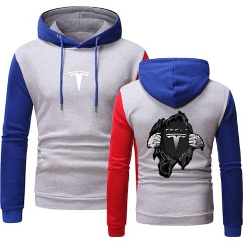 New Tesla Car Logo College Men Movement Hedging Hoodies Spring Autumn Comfortable Splicing Tops Long sleeve Hooded Clothing