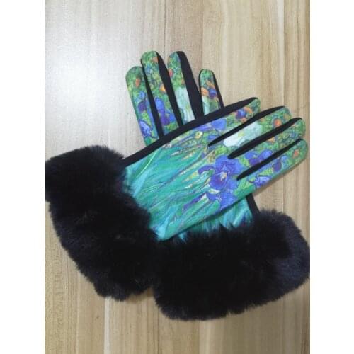 Autumn Suede Leather Gloves Women Designer Irises Print Mittens Winter Outdoor Thermal Faux Fur Guantes For Party/Sports Ladies