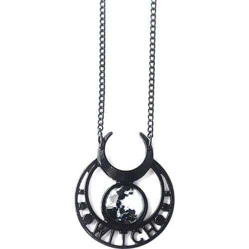 Maleficent Witch Black Moon Pendant Necklace Triple Moon Goddess Blue Stone Necklaces for Women Men Choker Jewelry Gift