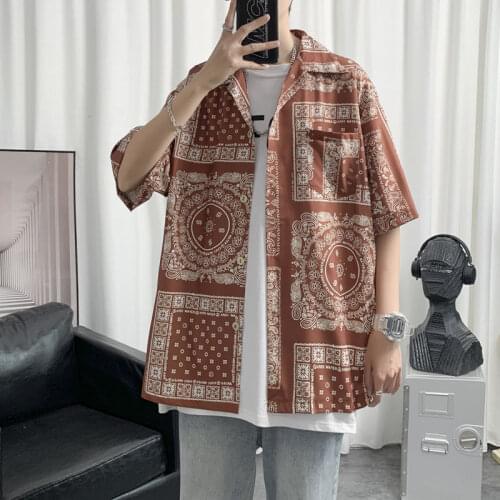 Full Printed Short Sleeve Shirt Men Retro Hiphop Shirts Five-point Sleeve Coat Loose Casual Tops Male Clothes Thin Spring Summer