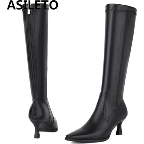 ASILETO Women Luxury Brand Modern Knee High Boots PU Leather Pull On Pointed Toe Stileeto Heel Ladies Party Plus Size 46 S2461