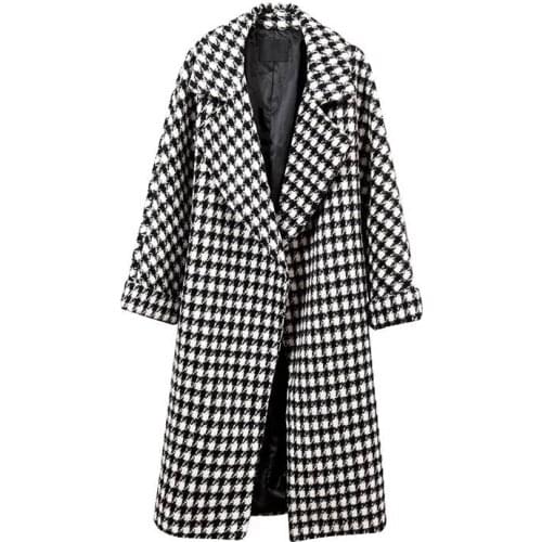 Houndstooth Wool Coat Outer Wear Women Black White Plaid Casual Long Coats Thick Warm Collar Windbreaker Jacket Female New 2021