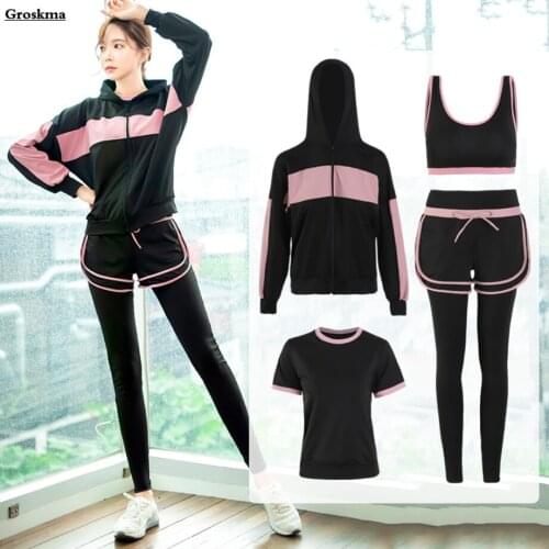 Loose Quick Dry 4 Piece Set Women Yoga Fitness Gym Suits Coats+Bra+T Shirt+Pants Workout Running Sportswear Tracksuit Clothes