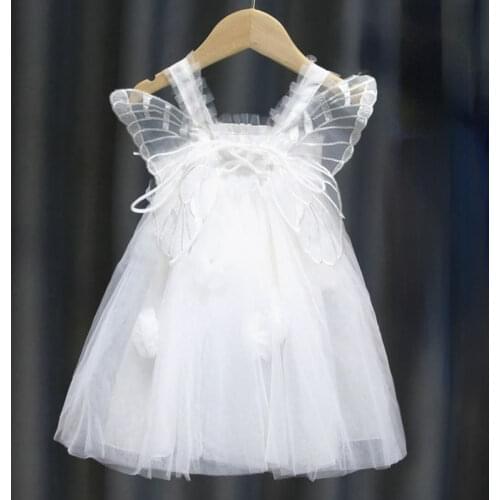 Summer New Solid Flower Girl Dresses for Weddings Straped Butterfly Gauze Princess Party Kids Clothes