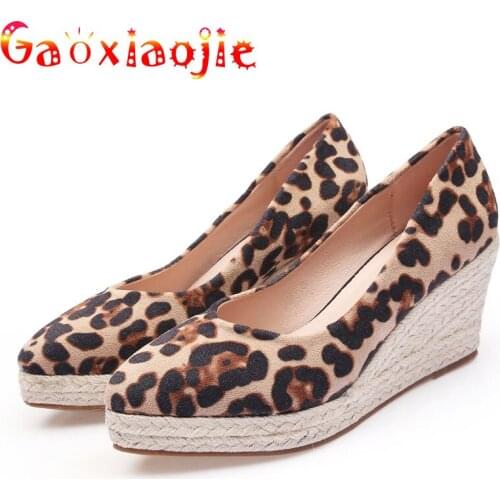 Ladies Shoes 2021 New Pointed Shallow Mouth High Heels Sexy Leopard Print Everyday Office Straw Plaited Decoration Wedges Shoes