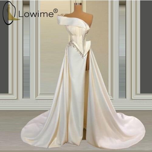 Formal Dresses 2021 Ivory One Shoulder Mermaid Evening Dresses Ruched Pearls Beaded Satin Evening Gowns Custom Made