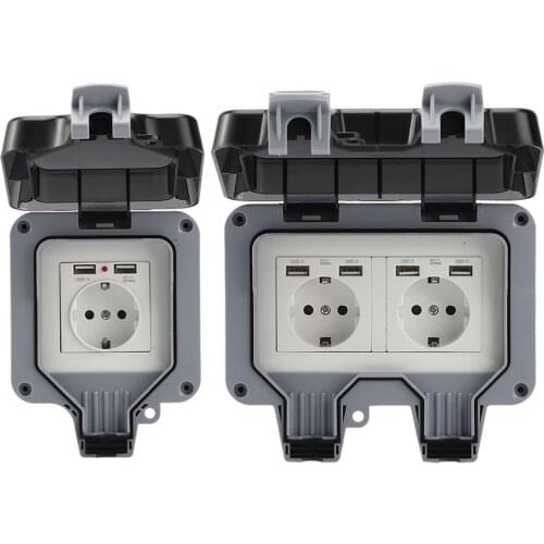 IP66 Weatherproof Waterproof Outdoor Wall Power Socket 16A Double EU Standard Electrical Outlet Grounded 220V-250V
