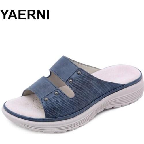 YAERNI Women Summer Low Heels Wedge Shoes Woman Light Open Toe Gladiator PU Slippers Slides Sandalias Mujer Sapato Feminino