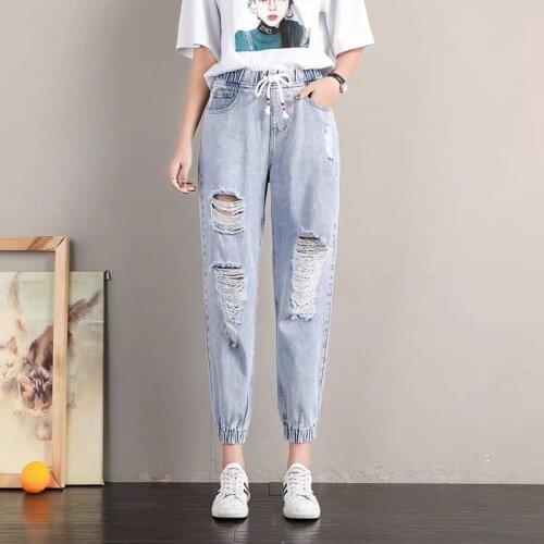 Womens Jeans 2021 New Spring and Autumn Plus Size Korean Style High Waist Drawstring Harem Pants Loose Feet Woman Jeans