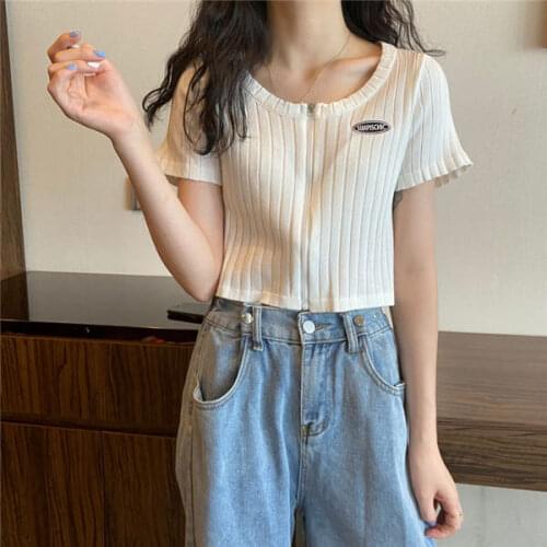 Woman TShirts Top Summer 2021 Zipper Short Sleeve Knitted Cardigan Female Crop Top Mujer Camisetas