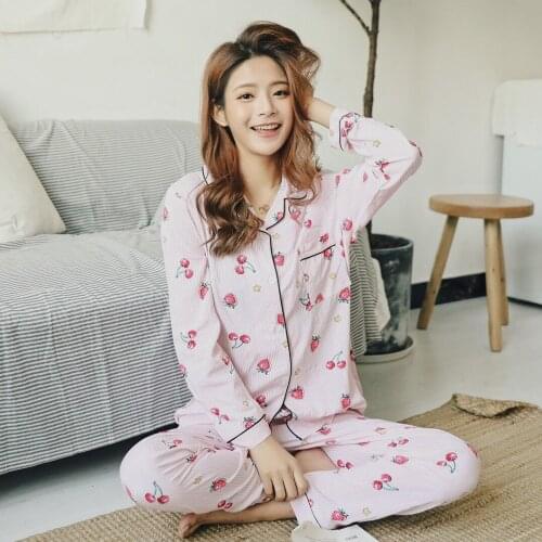 Autumn New Style Ladies Long-sleeved Comfortable Cotton Silk Viscose Lapel Pajamas Suit Casual Striped Strawberry Home Service