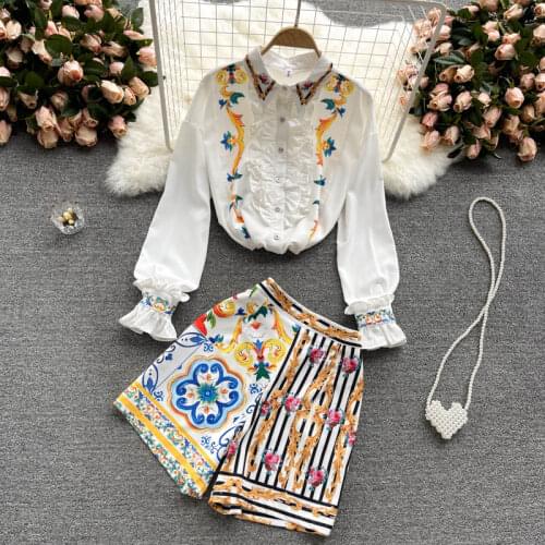 Summer Runway Flower Print Two-piece Set Women Flare Sleeve Ruffles Shirt Top&Wide Leg Stripe Shorts Suits OL Female Casual Sets