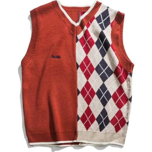LACIBLE Streetwear Harajuku Knitted Sweater Vest Men Stitching Diamond Sleeveless Vest Loose Casual Vintage Knit Waistcoat Tops