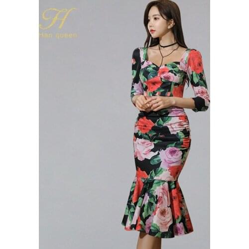 H Han Queen Womens Sexy Cut Out Sheath Bodycon Dresses Vestidos Floral Print Casual Evening Party Bodycon Mermaid Dress