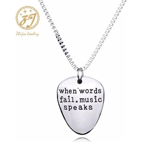 Zhijia Punk jewelry When Words Fail Music Speaks Guitar Pick Lover Pendant Necklace Alloy silver DIY Fashion Jewelry Gift