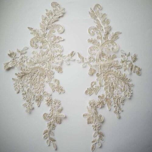 1pair/48X18cm Clear Sequins Champagne Gold Lace Appliques Flower Sewing Trims Wedding Decoration