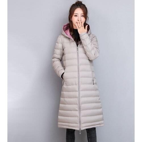 2021 nwe Winter Women Fashion White Duck Down Coat Female Puffer light Hooded Puffer Jacket Slim Long Outwear