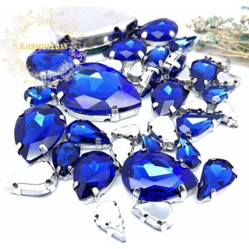 8 SIZES 35PCS Free shipping! Sapphire blue Water drop shape Glass Crystal sew on rhinestones with calw Diy wedding decoration